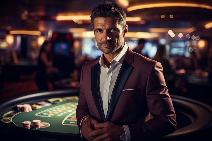 Meja Baccarat dengan dealer dan pemain di studio Asia Gaming